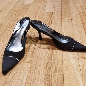 Stuart Weitzman Women's 3" Heels Pump Black Fabric Shoes Slingback with crystals